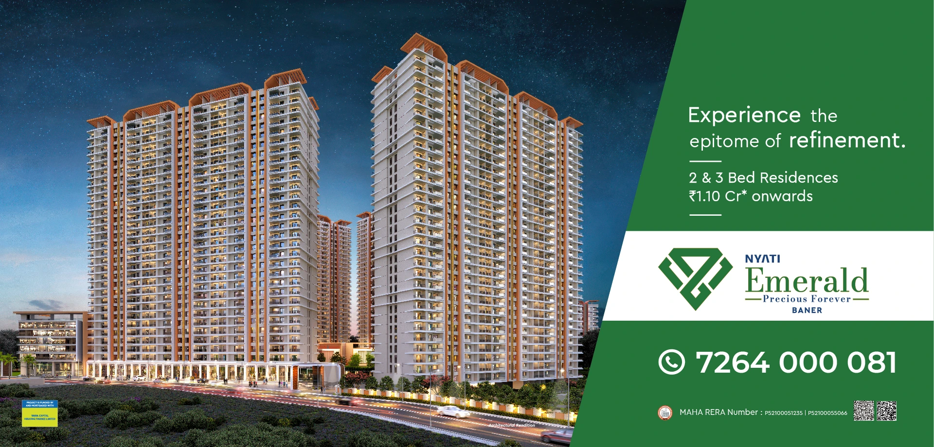 Luxurious Nyati Emerald Towers with 2 and 3 BHK Flats in Baner, Pune at Night